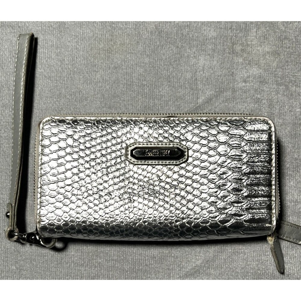 JLO Jennifer Lopez Metallic Silver Python Embossed Wristlet Wallet Clutch
